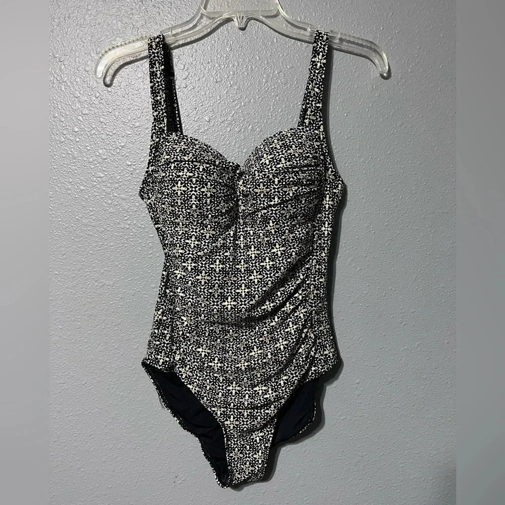 Niptuck Swim Womens Size 6 Swimsuit One Piece Blk/Gold/White Pinup Built in Bra
